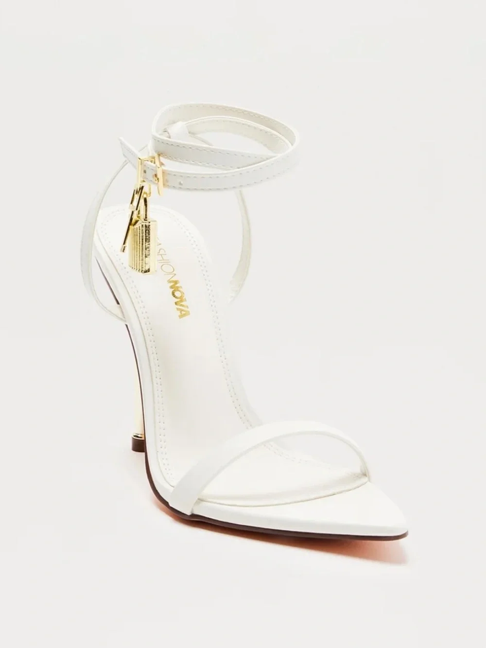 Fashion Nova White Pointed Toe Ankle-Strap Stiletto with Gold Tassel